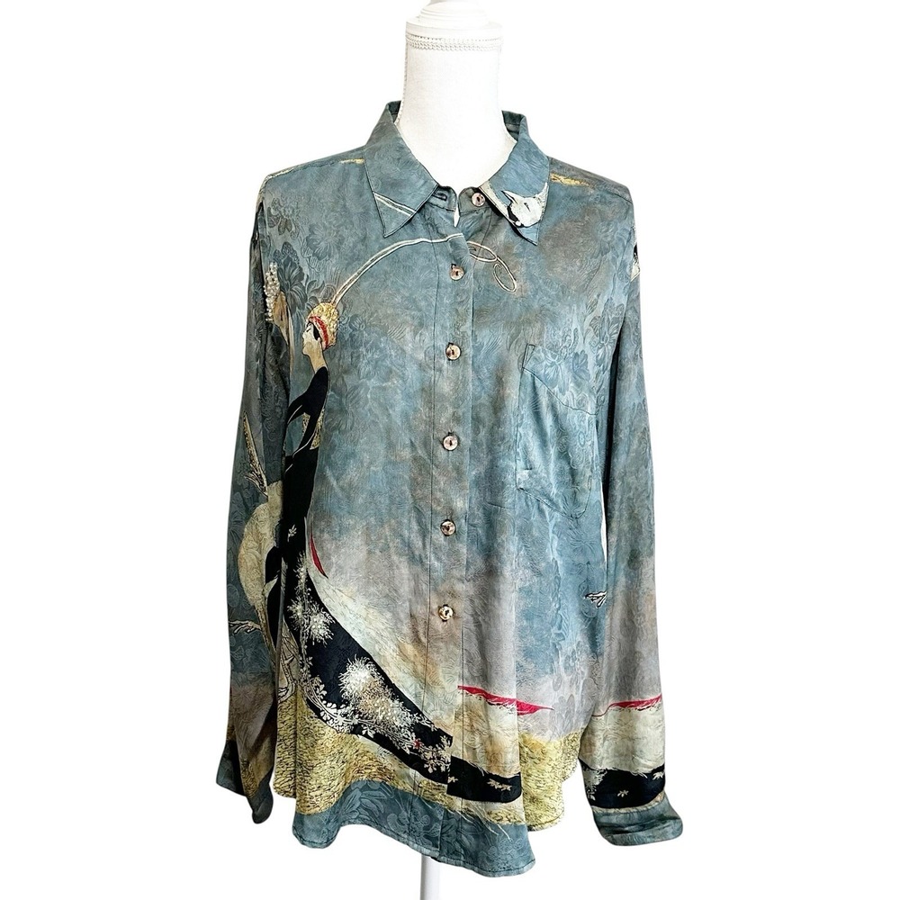 Citron Santa Monica Women's Button Up Blouse Size Medium Art To Wear Asian Beads